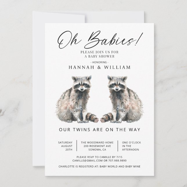 Oh Babies Twins Watercolor Raccoons Baby Shower Invitation (Front)