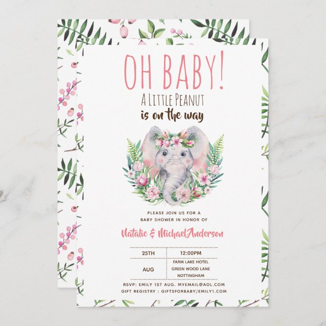 Oh Baby A Little Peanut Boho Elephant Baby Shower Invitation (Front/Back)