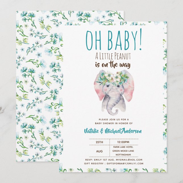 Oh Baby A Little Peanut Elephant Baby Shower Boho Invitation (Front/Back)