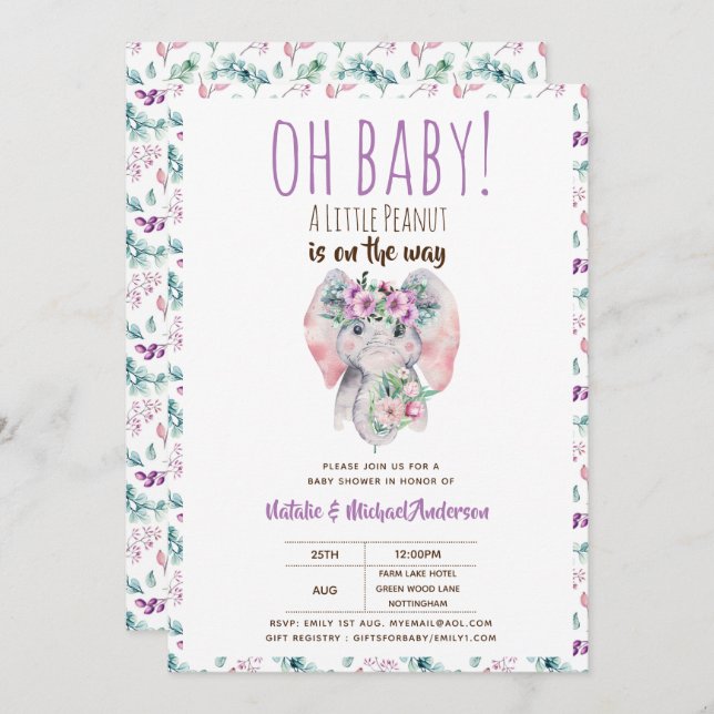 Oh Baby A Little Peanut Elephant Boho Floral Chic Invitation (Front/Back)