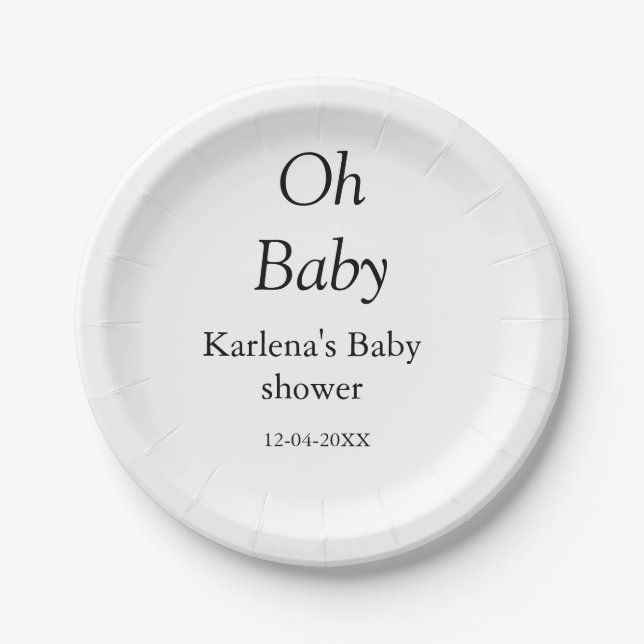 Oh baby add name baby shower date simple minimal t paper plate (Front)