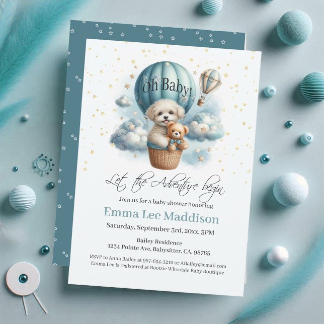 Oh Baby Adventure Begins Puppy in Hot Air Balloon Invitation (Creator Uploaded)