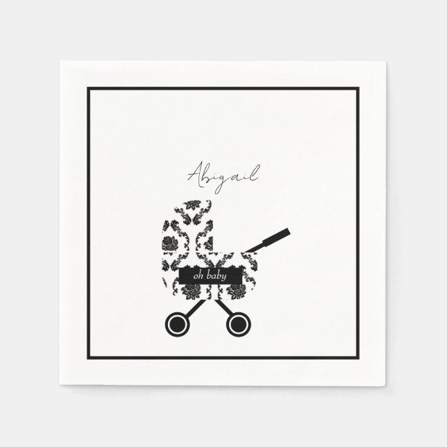 Oh Baby B/W Damask Pram Baby Shower  Napkins (Front)