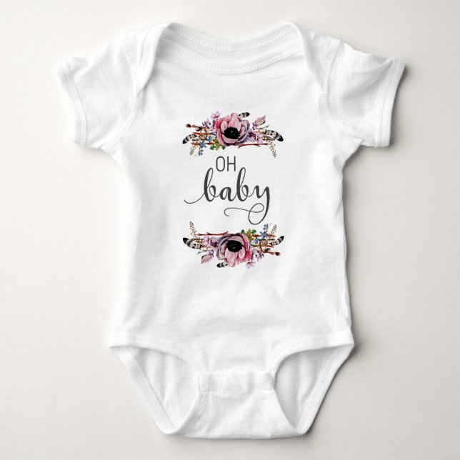 Oh Baby | Baby Girl Boho Floral Feather Frame Tutu Baby Bodysuit (Front)