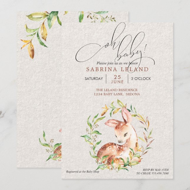 Oh Baby! Baby Shower Deer & Fawn in Leafy Wreath Invitation (Front/Back)