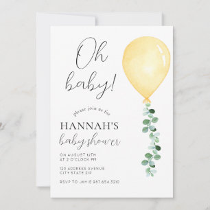 Oh Baby, Baby Shower Invitation, Yellow Balloon Invitation