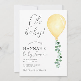 Oh Baby, Baby Shower Invitation, Yellow Balloon Invitation