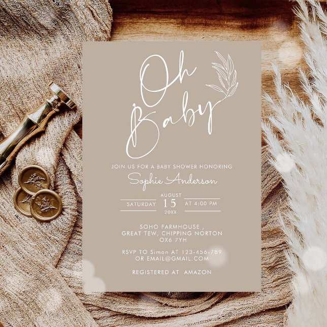 Oh Baby Beige Gender Neutral Modern Baby Shower Invitation (Creator Uploaded)