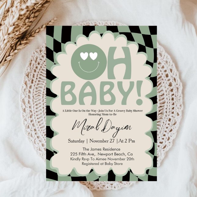 Oh Baby Beige & Sage Groovy Neutral Baby Shower Invitation (Creator Uploaded)