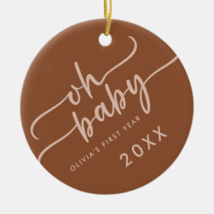 "Oh Baby" Beige Script Photo Baby's First Year Ceramic Ornament