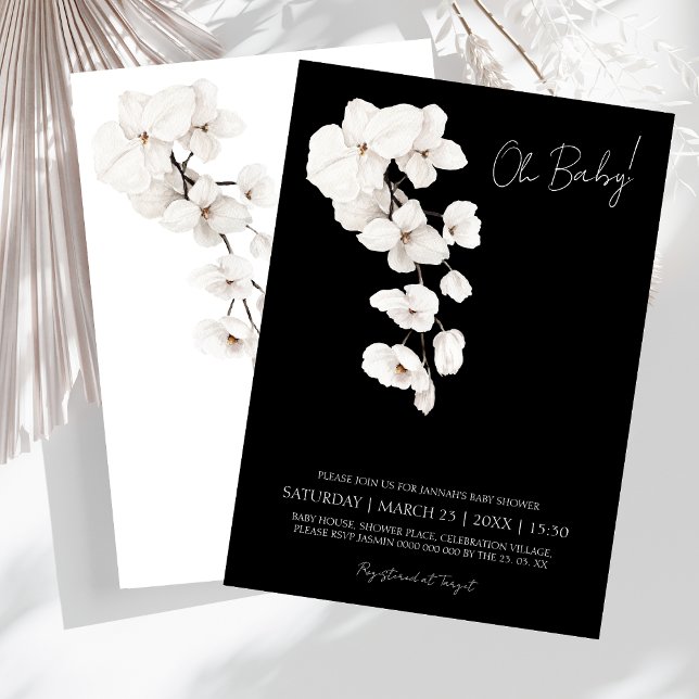 Oh Baby Black and White Orchids Baby Shower Invitation (Oh Baby! Modern Black and White Orchids Flowers Baby Shower Invitation)