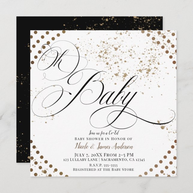 Oh Baby Black Bronze Modern Co-ed Chic Baby Shower Invitation (Front/Back)
