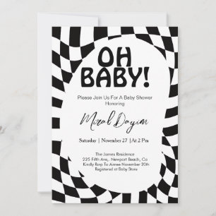 Oh Baby! Black Checkered Modern Baby Shower Invitation