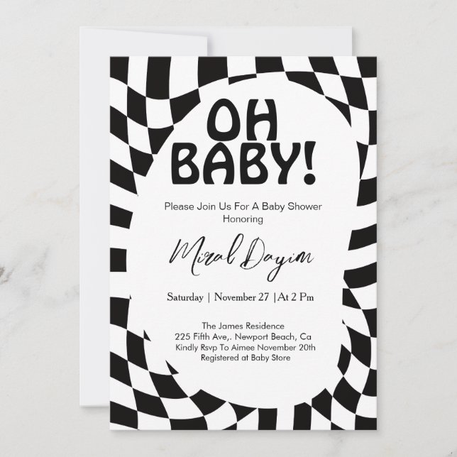 Oh Baby! Black Checkered Modern Baby Shower  Invitation (Front)