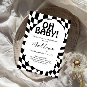 Oh Baby! Black Chequered Modern Baby Shower Invitation
