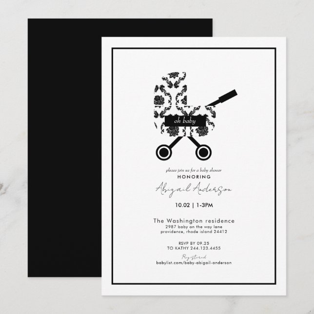 Oh Baby Black Damask Pram Baby Shower   Invitation (Front/Back)