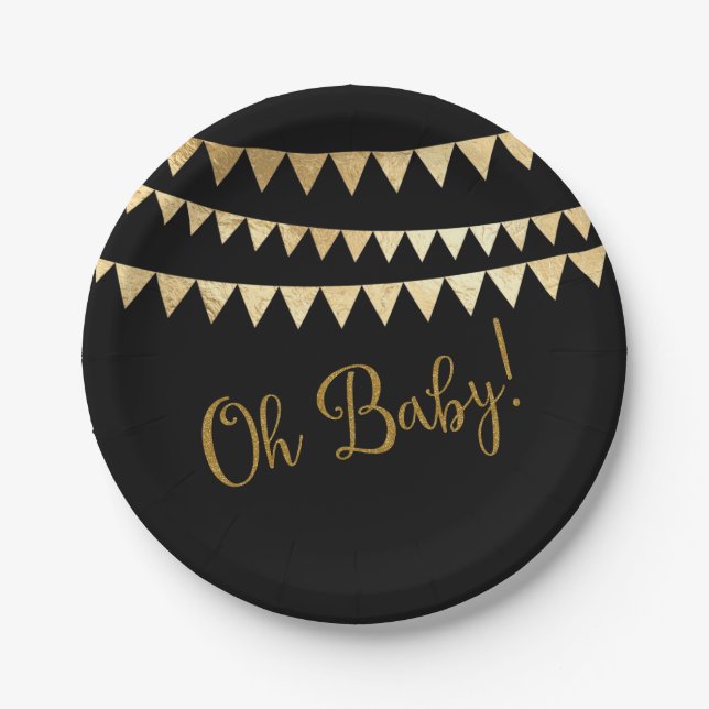 Oh Baby Black Gold Baby Shower Paper Plate (Front)