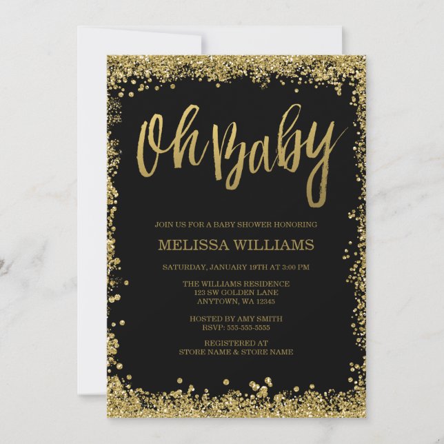Oh Baby Black Gold Glitter Baby Shower Invitation (Front)