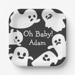 Oh Baby! Black & White Halloween Fall Baby Shower Paper Plate