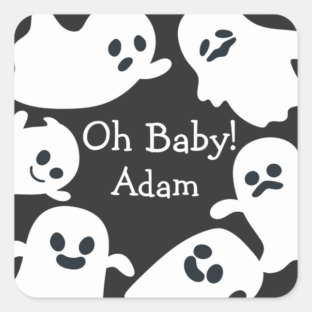 Oh Baby! Black & White Halloween Fall Baby Shower Square Sticker (Front)