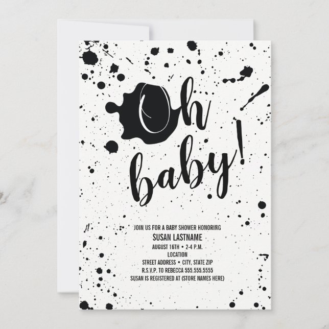 Oh Baby Black + White Splatter Neutral Baby Shower Invitation (Front)