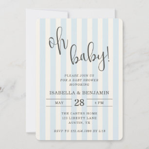 Oh Baby Blue and Cream Striped Boy Baby Shower Invitation