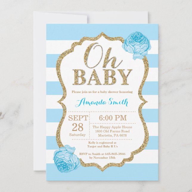 Oh Baby Blue and Gold Baby Shower Invitation (Front)