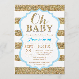Oh Baby Blue and Gold Baby Shower Invitation