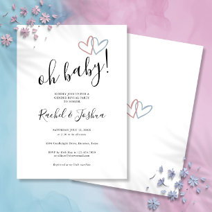 Oh Baby Blue And Pink Hearts Gender Reveal Party Invitation