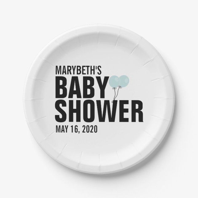 Oh Baby Blue Balloon Baby Shower Paper Plate (Front)