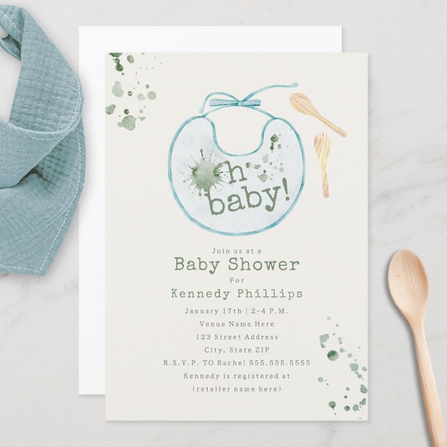 Oh Baby Blue Bib Babyfood Boy Baby Shower Invitation (Creator Uploaded)