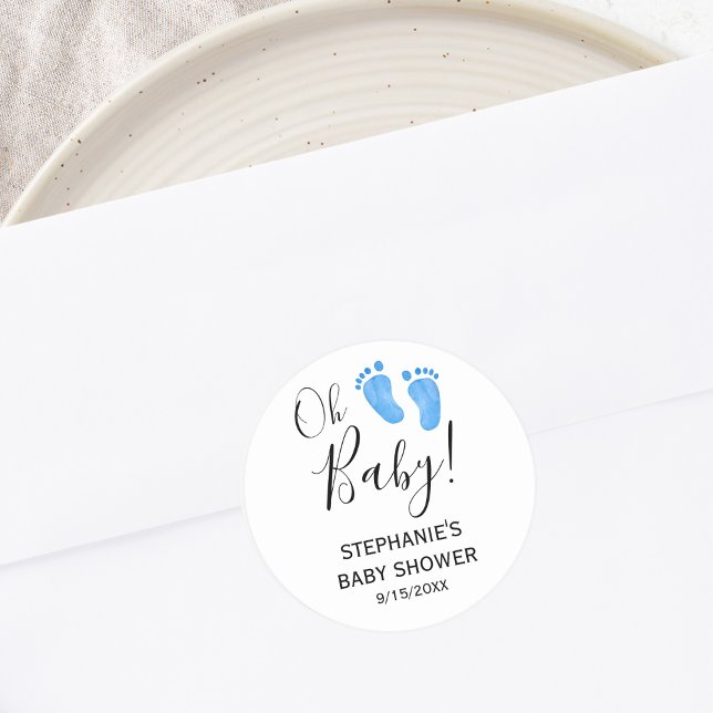 Oh Baby Blue Feet Baby Shower Classic Round Sticker (Creator Uploaded)