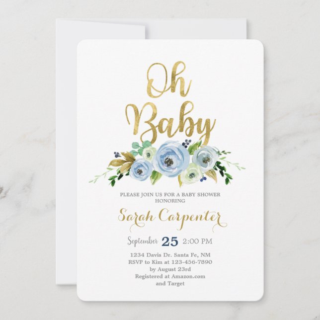 Oh Baby blue floral baby boy shower Invitation (Front)