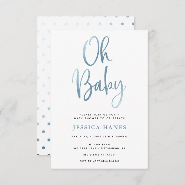 Oh Baby Blue Foil Baby Shower Invitation (Front/Back)