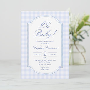 Oh Baby Blue Gingham Baby Shower Invitation