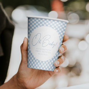 Oh baby blue gingham personalised baby shower paper cups