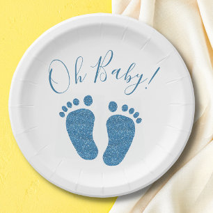 Oh Baby Blue Glitter Feet Baby Shower  Paper Plate