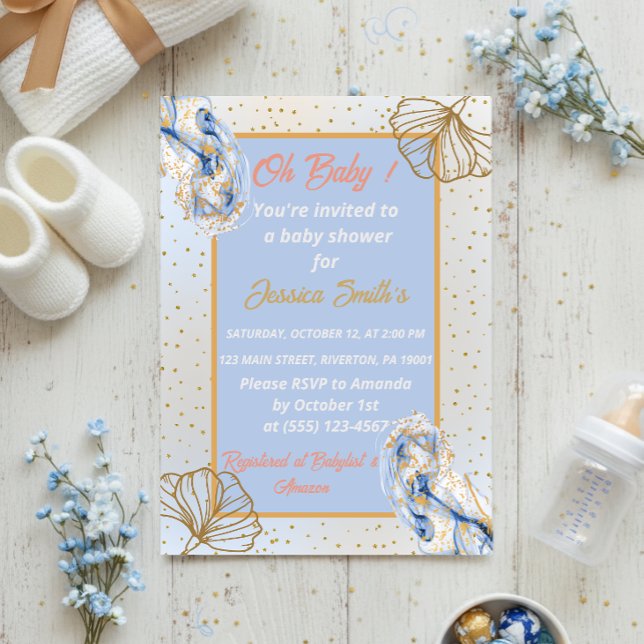 Oh Baby Blue Gold Ginkgo Leaf Baby Shower Invitation (Creator Uploaded)