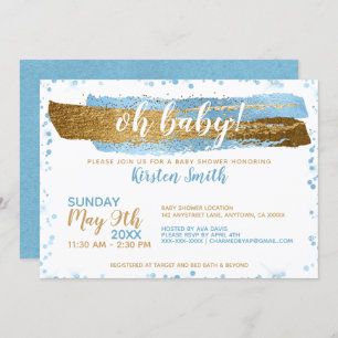 Oh Baby Blue Gold Simple Elegant Boy Baby Shower Invitation