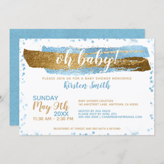 Oh Baby Blue Gold Simple Elegant Boy Baby Shower Invitation