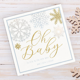 Oh Baby Blue & Gold Snowflakes Baby Shower Napkin