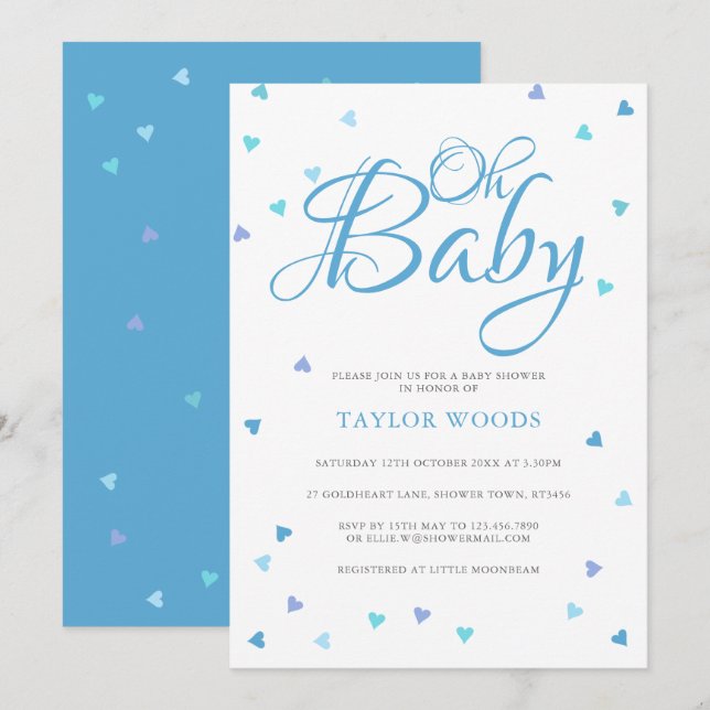 Oh Baby Blue Love Hearts Baby Shower / Sprinkle Invitation (Front/Back)