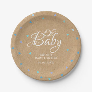 Oh Baby Blue Love Hearts Baby Shower / Sprinkle Paper Plate