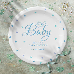 Oh Baby Blue Love Hearts Baby Shower / Sprinkle Paper Plate