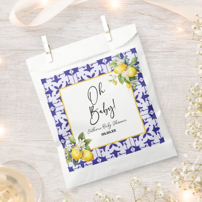 Oh Baby! Blue Mediterranean Tile Lemon Baby Shower Favour Bag (Clipped)
