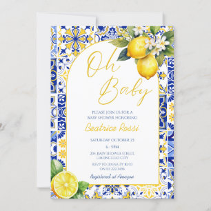 Oh Baby Blue Mediterranean Tile Lemon Baby Shower Invitation