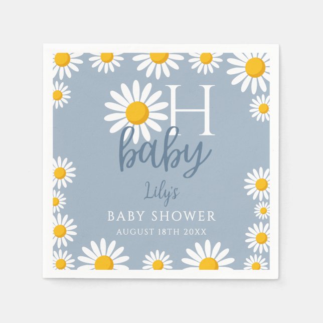 Oh Baby Blue Modern Daisy Baby Shower Napkin (Front)