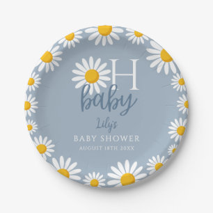 Oh Baby Blue Modern Daisy Baby Shower Paper Plate