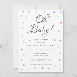 Oh Baby Blue Pink Hearts Gender Reveal Party Invitation