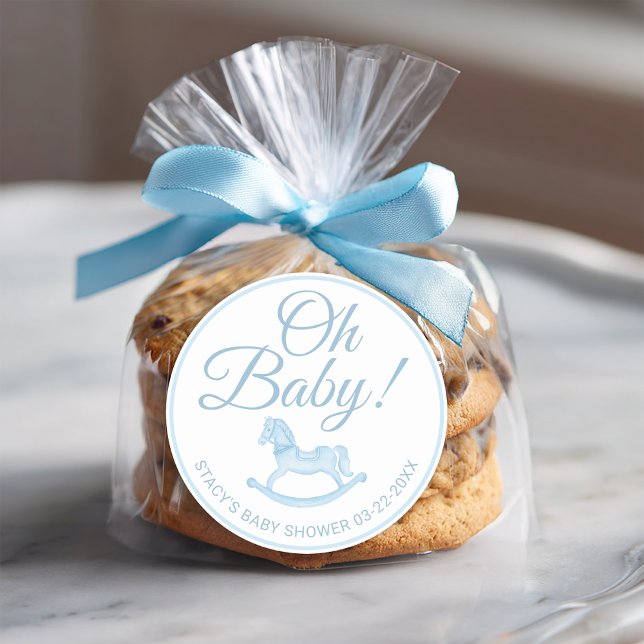 Oh Baby Blue Rocking Horse Baby Shower Favor  Classic Round Sticker (Oh Baby - blue baby shower favor sticker)